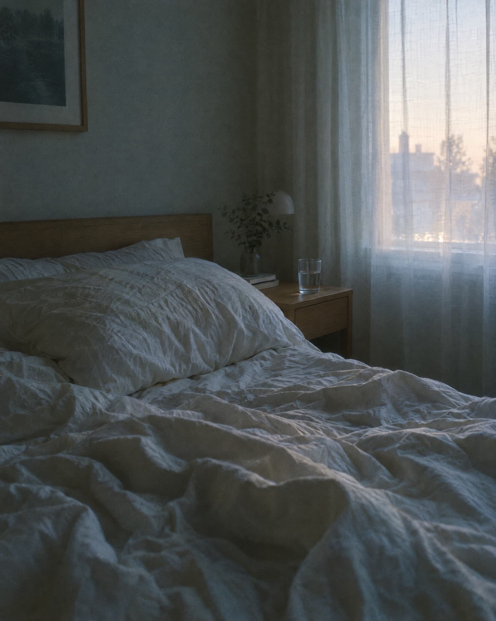 An empty, rumpled bed in soft dawn light.