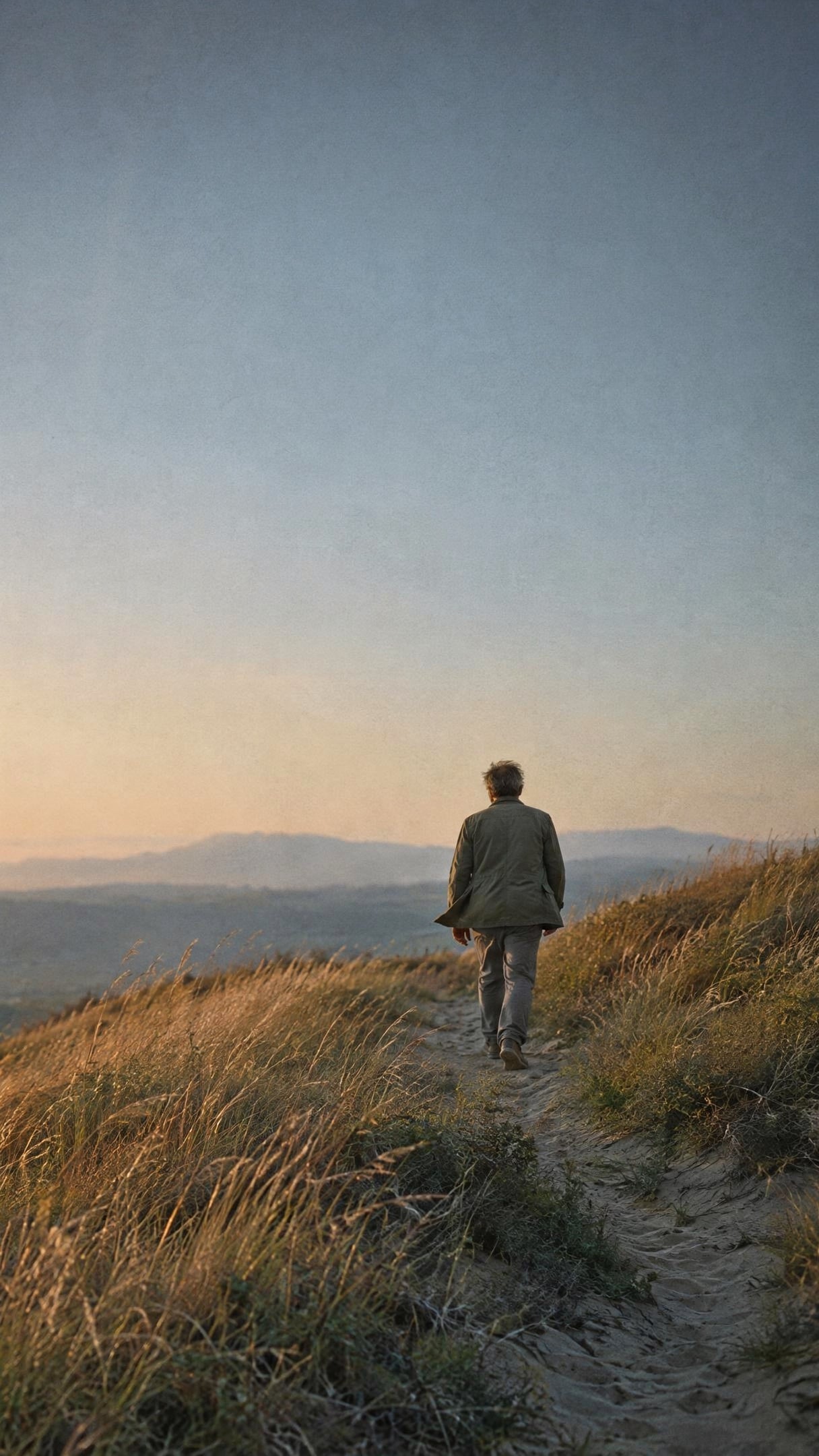 A man in his fifties walking a sandy ridge path at golden hour, under a wide pale sky.